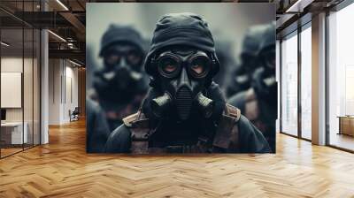 soldiers wearing helmets, masks, leather jackets, holding assault rifles Wall mural