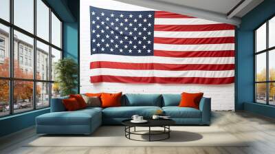 American flag hanging on white brick wall of a roomroom. Hanging United States flag on white wall Wall mural