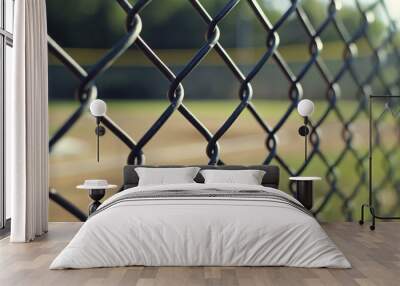 Closeup of chain link fence at baseball field, blurred background and ball visible through the mesh Wall mural