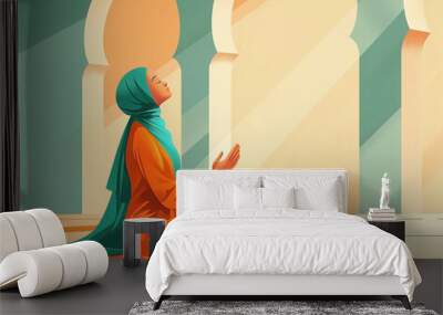 Muslim woman praying with open two empty hands with palms up. Muslim praying on the floor of mosque Wall mural