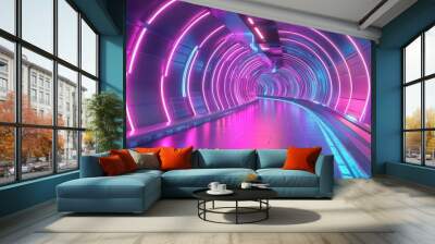 3D abstract tunnel with neon lights, immersive background Wall mural