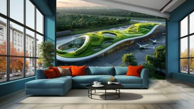 A conceptual design of an eco-friendly airport with green roofs, solar panels, and sustainable materials, promoting environmental awareness, Eco-friendly, Modern Wall mural