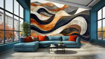 Abstract line work with wood-tone browns and dark-water blues, clean and graphic black-and-white composition, evoking New Naturalism Wall mural