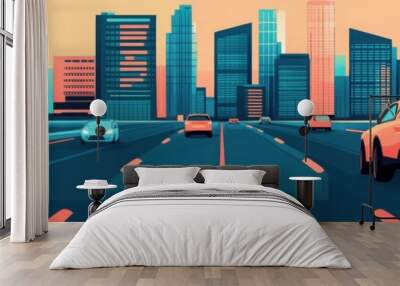 Autonomous electric vehicles, connected smart city, flat design illustration Wall mural