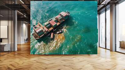 Bird's eye view, cargo ship accident with containers adrift at sea Wall mural