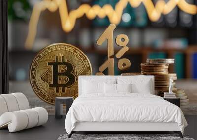 Bitcoin coin placed beside a percent sign, highlighting financial growth and returns in cryptocurrency, focus on digital currency market, profit concept Wall mural