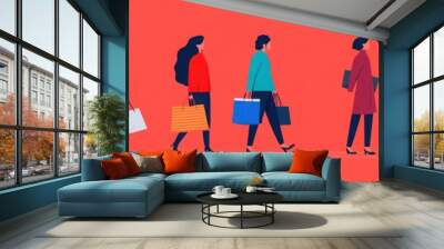 Black Friday shopping spree, people carrying bags filled with exclusive items, flat design illustration Wall mural