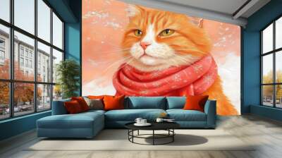 Cat in Warm Christmas Scarf with Winter Atmosphere Wall mural