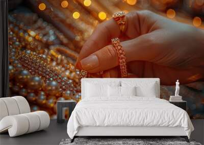 Close-up of a woman's hand picking jewelry, elegant display background, high detail, warm lighting, realistic style Wall mural