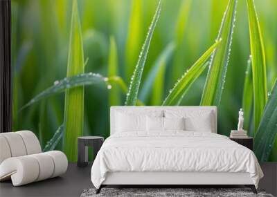 Dew on grass blades glistening in the morning sun, fresh weather, nature awakening Wall mural