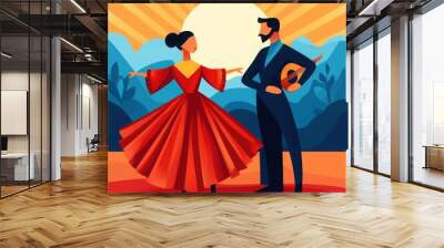 Flamenco dance scene with vibrant colors, festive ambiance, flat design illustration Wall mural