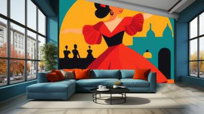 Flamenco dance scene with vibrant colors, festive ambiance, flat design illustration Wall mural