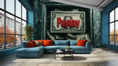 Pay day visual, bank vault opening with cash and a 