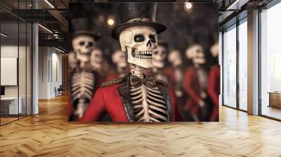 Skeleton ringmaster leading a ghostly parade, haunted circus scene, 3D illustration Wall mural