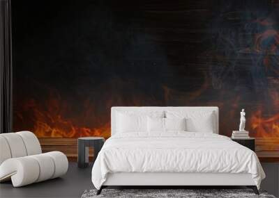 Vintage wooden counter with burned edges, fiery flames licking at the sides, thick smoke rising, dark background, Realistic, High Contrast Wall mural