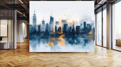 Watercolor cityscape with soft greys and blues, minimal, golden line art for buildings and skyline Wall mural