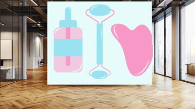 Face roller and gua sha for facial massage. Self care at home anti-age routine. Hand drawn flat illustration about beauty. Wall mural