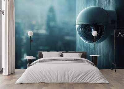 Automated CCTV monitoring, holographic interface, futuristic city, advanced security solutions Wall mural