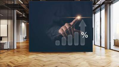 Businessman demonstrates finance growth through an up arrow holographic technology in a global business startup, digital marketing concept. Planning and strategy for successful. Wall mural