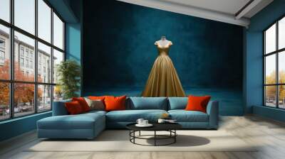 Elegant golden dress on a mannequin with a textured blue background, showcasing fashion and beauty. Wall mural