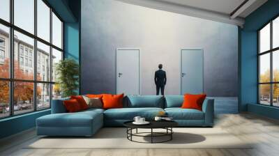 Manager standing in front of two doors, one marked low risk with a clear path, the other high risk shrouded in mystery, decision, choice, risk, manager Wall mural