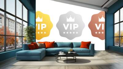 VIP badges in gold, silver and bronze color. Vector vip emblem sticker attractive set. Wall mural