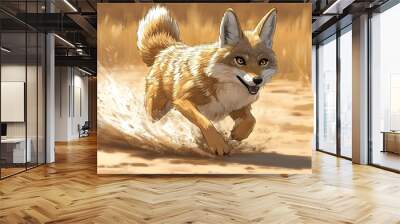 Coyote racing to escape rising floodwaters in arid desert landscape Wall mural