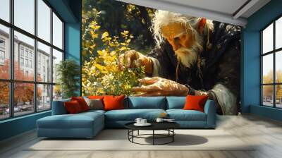 Elderly Druid Tending to the Vibrant Foliage in a Secluded Woodland Sanctuary Wall mural