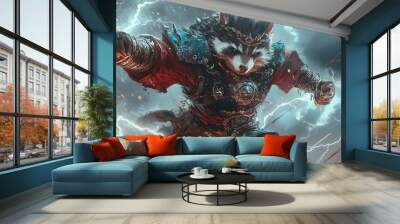 Fierce Badger Warlock Unleashing Lightning Magic in Stormy Battle Wall mural