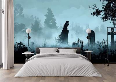 Haunting Banshee Wailing in Misty Graveyard Landscape Wall mural