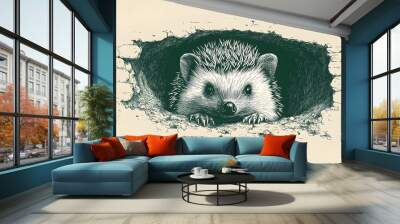 Hedgehog Peering Out from Burrow in Plain Green Wall mural