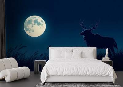 Majestic Deer Silhouette Hunting Under Full Moon in Mystical Midnight Landscape Wall mural