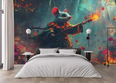 Mighty Mouse Mage Casting Spells in Mystical Autumn Forest Scene Wall mural