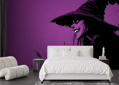 Silhouette of a Cackling Witch in the Sinister Purple Night Wall mural