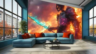 Skeletal Warrior Wielding Glowing Sword in Shimmering Twilight Fantasy Scene Wall mural