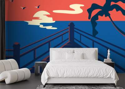 Dock. Summer tropical beach sunset with palm trees and the sea. Wall mural