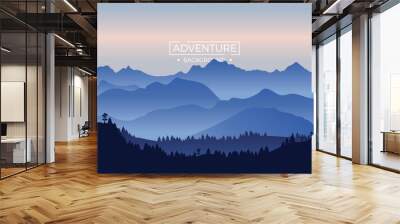 Mountain background with fir trees and blue light reflected at night. Background illustration Wall mural