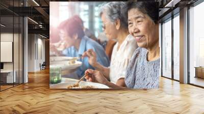 Happy elderly twin senior people society lifestyle concept. Ageing Asia women having dinner on dining table together in hospice older wellbeing nursing home community. Wall mural