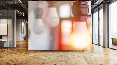 Power saving concept. Asia man changing compact-fluorescent (CFL) bulbs with new LED light bulb. Wall mural