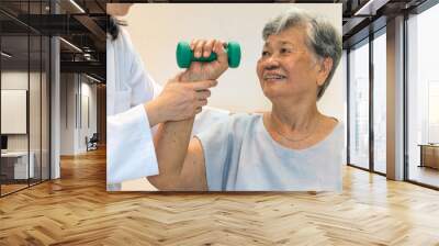 Senior elderly Asia woman with medical caregiver or physical therapist helping patient holding dumbbell in physical therapy session. Healthy old people concept. Wall mural