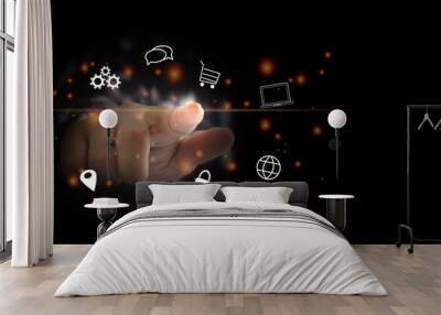 businessman touching digital business icon, Marketing and shopping social online network connection on modern virtual interface. Wall mural