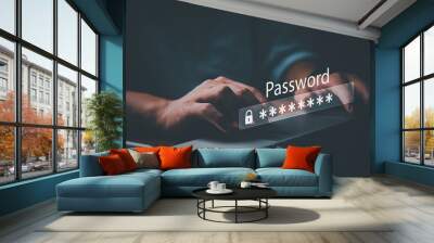 Businessman using laptop computer password cyber security identity theft and cloud network system application information privacy internet online protection. Wall mural