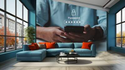 Businessman using mobile phone password cyber security identity theft and cloud network system application information privacy internet online protection.. Wall mural