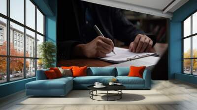 Close-up of a businessperson signing a contract with a pen, evoking professionalism and commitment. Wall mural