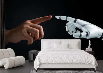 Human and robot hands reaching out to touch. Symbolizes human-AI interaction, futuristic cooperation. Technology and innovation concept. Cybernetic partnership. Wall mural