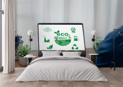 net zero eco CO2 emission reduction icons global warming sustainable development and green business renewable energy clean and friendly environment concept.ESG environment social governance investment Wall mural