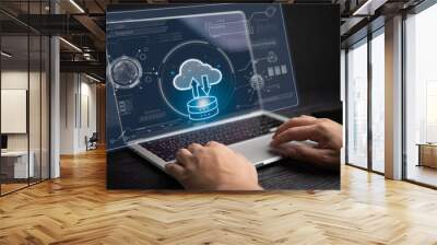 Personal cybersecurity with cloud storage technology, data backup, and privacy login passwords, internet online network. Businessman using computer laptop. Wall mural