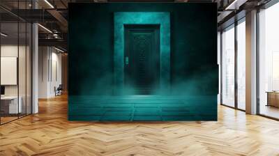 A dark, mysterious doorway shrouded in fog and illuminated by an eerie green light. The door appears to lead to an unknown destination. Wall mural