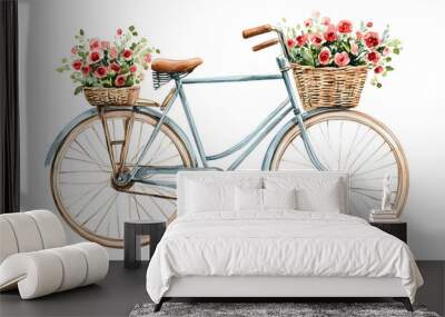 A vintage blue bicycle with two wicker baskets overflowing with pink flowers. Wall mural