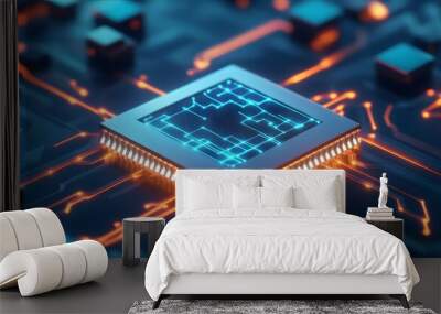 Futuristic Circuit Board with Glowing CPU and Lines Wall mural